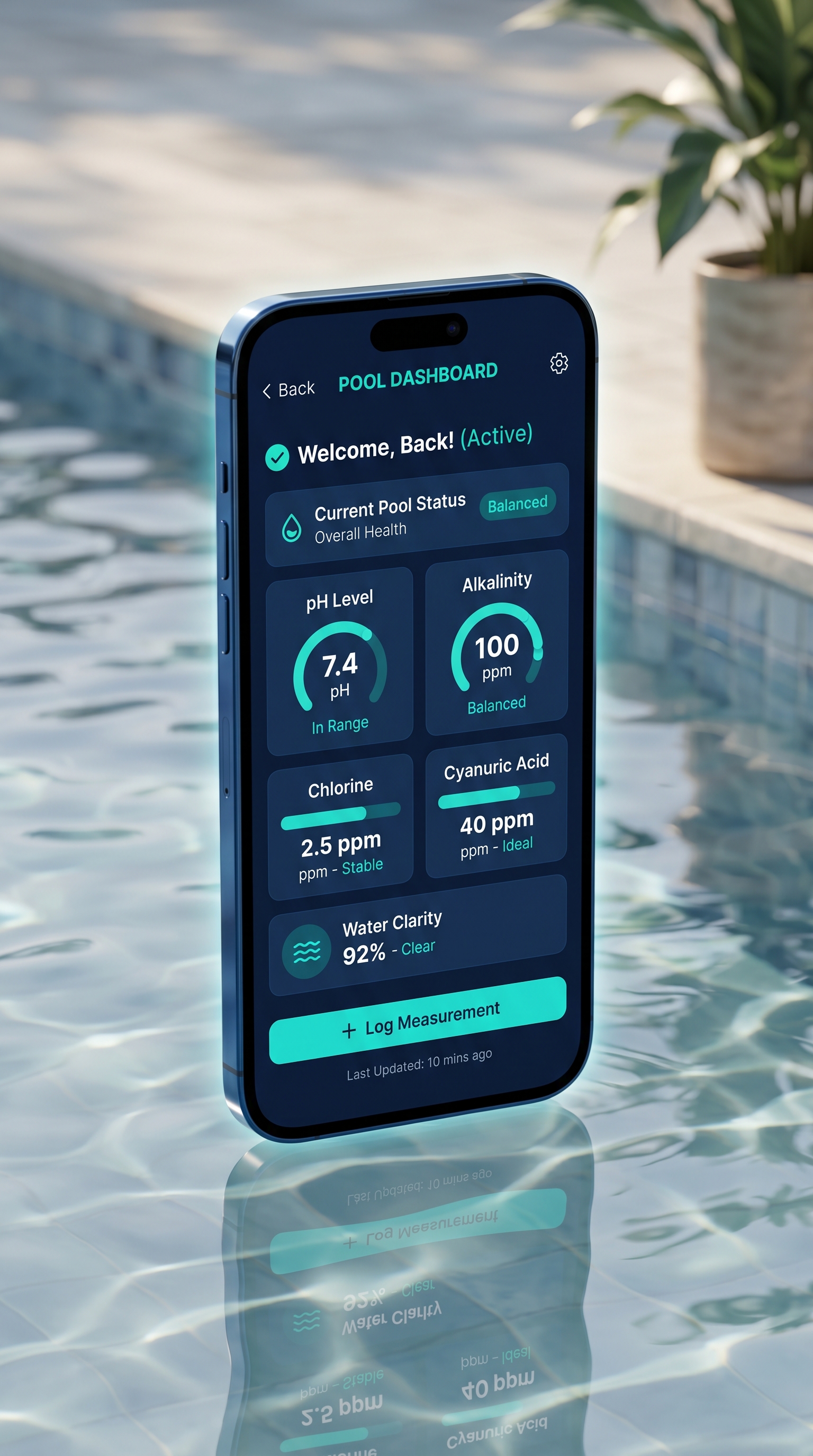 PoolVibe app showing pool chemistry dashboard